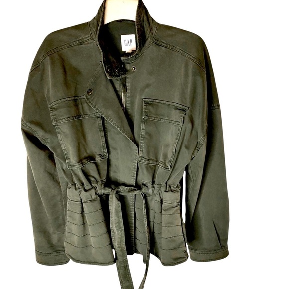 Gap Short Trench Coat Jacket Sz S Army Green Utility Tie Waist Casual Grunge - Picture 4 of 9